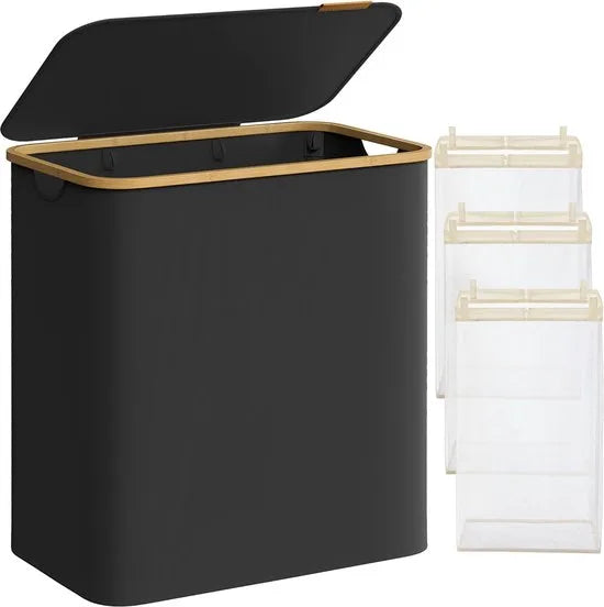 FurnStar - Wasmand met deksel - Wasverzamelaar met 3 vakken - 150 Lt - Uitneembare waszak - Oxford-weefsel - Handgrepen van bamboe - Inklapbaar - 60 x 38,5 x 70,5 cm - inktzwart