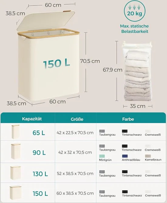 FurnStar - Wasmand met deksel - Wasverzamelaar met 3 vakken - 150 Lt - Uitneembare waszak - Oxford-weefsel - Handgrepen van bamboe - Inklapbaar - 60 x 38,5 x 70,5 cm - cremewit