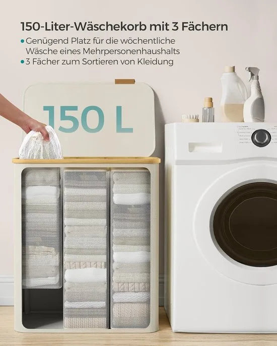 FurnStar - Wasmand met deksel - Wasverzamelaar met 3 vakken - 150 Lt - Uitneembare waszak - Oxford-weefsel - Handgrepen van bamboe - Inklapbaar - 60 x 38,5 x 70,5 cm - cremewit