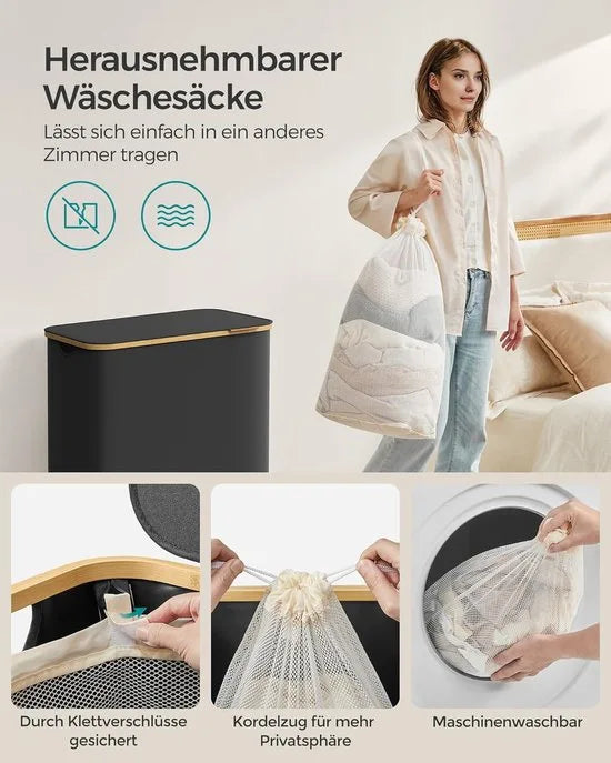 FurnStar - Wasmand met deksel - Wasverzamelaar met 3 vakken - 150 Lt - Uitneembare waszak - Oxford-weefsel - Handgrepen van bamboe - Inklapbaar - 60 x 38,5 x 70,5 cm - inktzwart