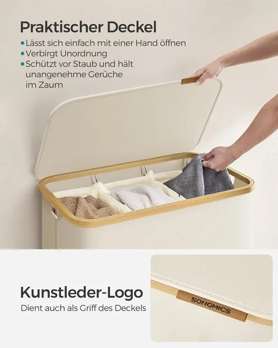 FurnStar - Wasmand met deksel - Wasverzamelaar met 3 vakken - 150 Lt - Uitneembare waszak - Oxford-weefsel - Handgrepen van bamboe - Inklapbaar - 60 x 38,5 x 70,5 cm - cremewit