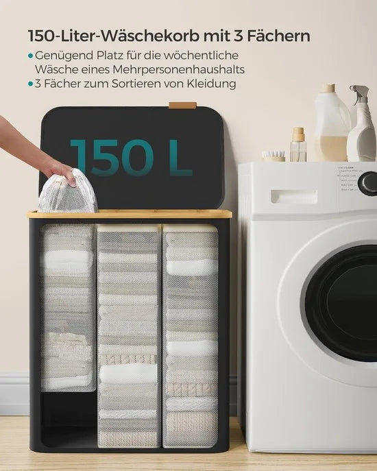 FurnStar - Wasmand met deksel - Wasverzamelaar met 3 vakken - 150 Lt - Uitneembare waszak - Oxford-weefsel - Handgrepen van bamboe - Inklapbaar - 60 x 38,5 x 70,5 cm - inktzwart