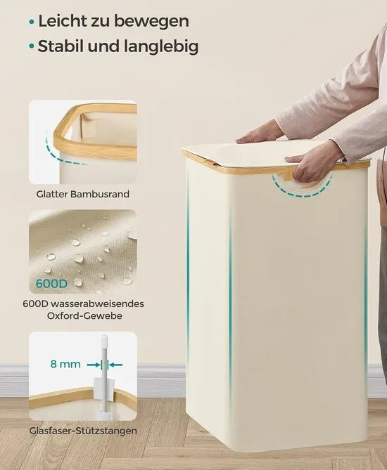 FurnStar - Wasmand met deksel - Wasverzamelaar met 3 vakken - 150 Lt - Uitneembare waszak - Oxford-weefsel - Handgrepen van bamboe - Inklapbaar - 60 x 38,5 x 70,5 cm - cremewit