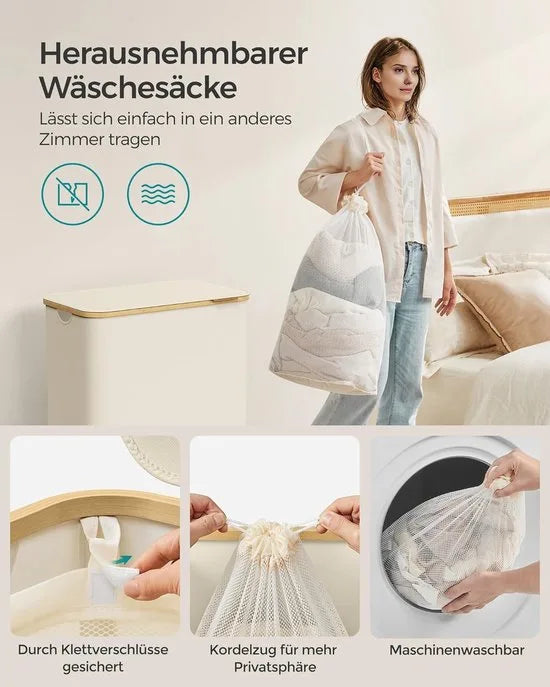 FurnStar - Wasmand met deksel - Wasverzamelaar met 3 vakken - 150 Lt - Uitneembare waszak - Oxford-weefsel - Handgrepen van bamboe - Inklapbaar - 60 x 38,5 x 70,5 cm - cremewit