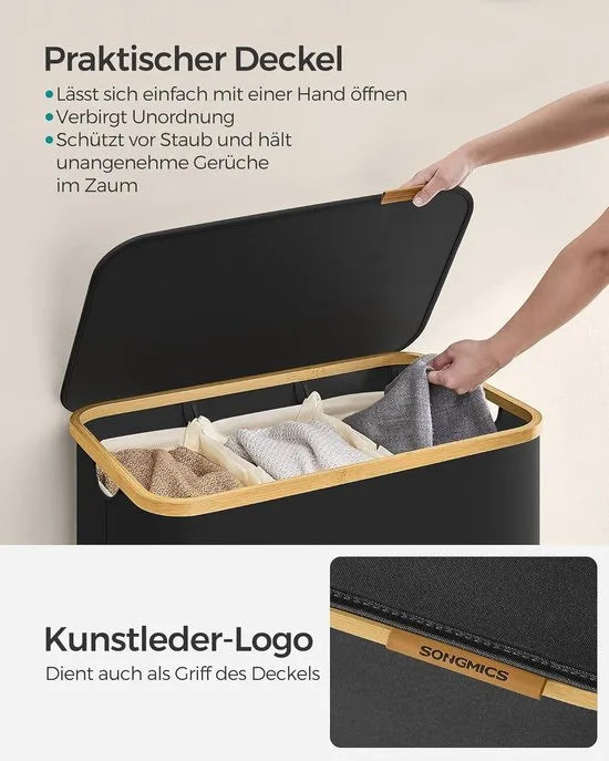 FurnStar - Wasmand met deksel - Wasverzamelaar met 3 vakken - 150 Lt - Uitneembare waszak - Oxford-weefsel - Handgrepen van bamboe - Inklapbaar - 60 x 38,5 x 70,5 cm - inktzwart