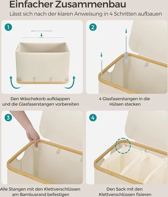 FurnStar - Wasmand met deksel - Wasverzamelaar met 3 vakken - 150 Lt - Uitneembare waszak - Oxford-weefsel - Handgrepen van bamboe - Inklapbaar - 60 x 38,5 x 70,5 cm - cremewit