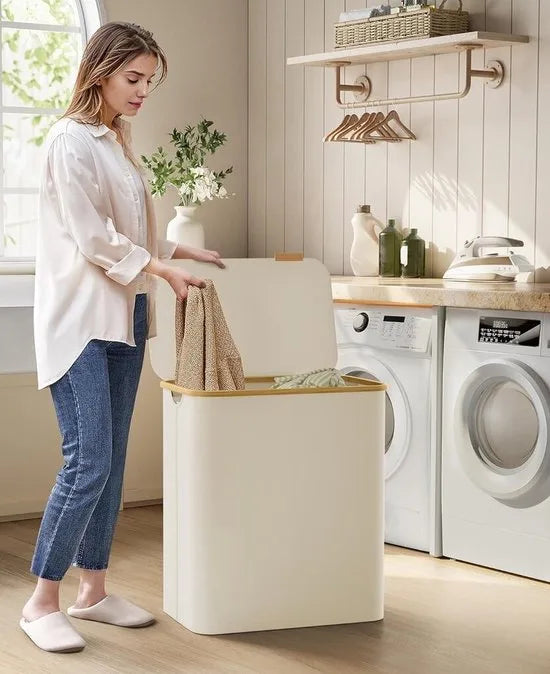 FurnStar - Wasmand met deksel - Wasverzamelaar met 3 vakken - 150 Lt - Uitneembare waszak - Oxford-weefsel - Handgrepen van bamboe - Inklapbaar - 60 x 38,5 x 70,5 cm - cremewit