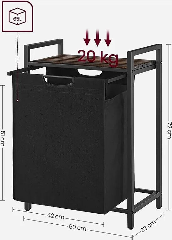 FurnStar - Wasmand - Was emmer Met Plank - Wasbox - Waszak Van Oxford Stof - Uitschuifbaar Verwijderbaar - Metalen Frame - 65 L - 50 x 33 x 72 cm - Vintage Bruin-Zwart