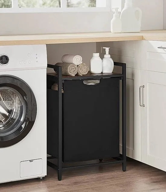 FurnStar - Wasmand - Was emmer Met Plank - Wasbox - Waszak Van Oxford Stof - Uitschuifbaar Verwijderbaar - Metalen Frame - 65 L - 50 x 33 x 72 cm - Vintage Bruin-Zwart