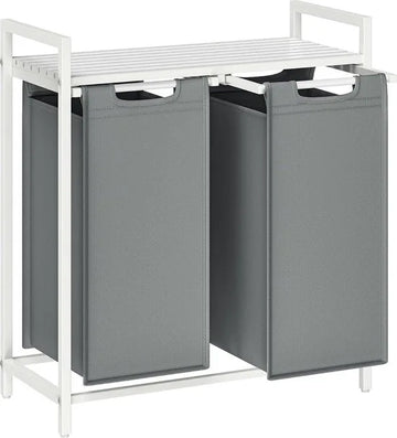 FurnStar - Wasmand - Wasmand met 2 compartimenten - Uittrekbare en verwijderbare waszakken - Wassorteerder - Plank - Metalen frame - 2 x 46L - 73 x 33 x 72 cm - Wit en lichtgrijs