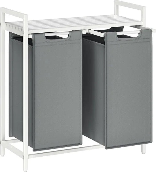 FurnStar - Wasmand - Wasmand met 2 compartimenten - Uittrekbare en verwijderbare waszakken - Wassorteerder - Plank - Metalen frame - 2 x 46L - 73 x 33 x 72 cm - Wit en lichtgrijs
