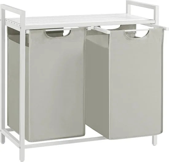 FurnStar - Wasmand - Wasmand met 2 compartimenten - Uittrekbare en verwijderbare waszakken - Wassorteerder - Plank - Metalen frame - 2 x 46L - 73 x 33 x 72 cm - Rustiek bruin en grijs – Cremewit