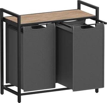 FurnStar - Wasmand - Wasmand met 2 compartimenten - Uittrekbare en verwijderbare waszakken - Wassorteerder - Plank - Metalen frame - 2 x 46L - 73 x 33 x 72 cm - Rustiek bruin en grijs