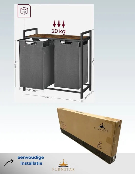 FurnStar - Wasmand - Wasmand met 2 compartimenten - Uittrekbare en verwijderbare waszakken - Wassorteerder - Plank - Metalen frame - 2 x 46L - 73 x 33 x 72 cm - Rustiek bruin en grijs – Rustiek bruin en grijs