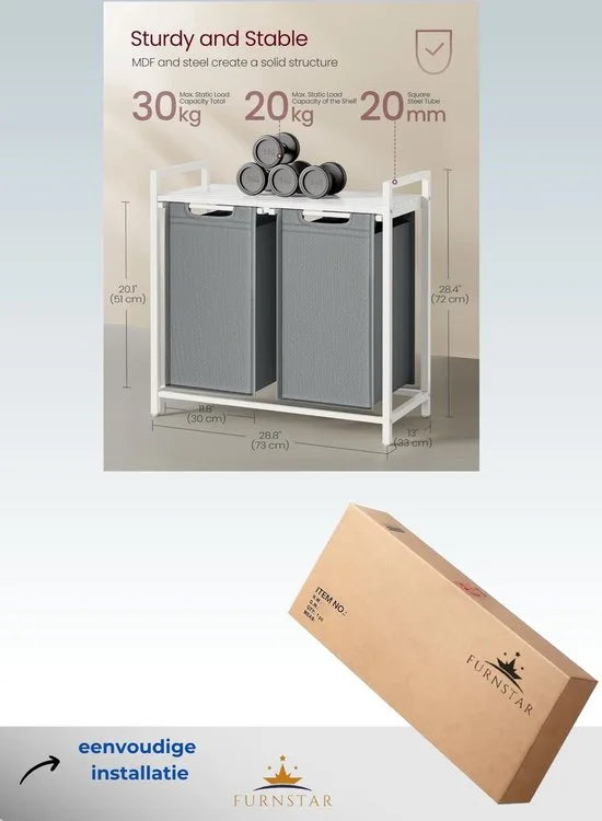FurnStar - Wasmand - Wasmand met 2 compartimenten - Uittrekbare en verwijderbare waszakken - Wassorteerder - Plank - Metalen frame - 2 x 46L - 73 x 33 x 72 cm - Wit en lichtgrijs