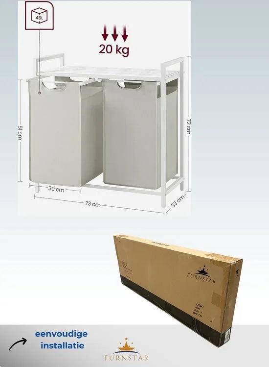 FurnStar - Wasmand - Wasmand met 2 compartimenten - Uittrekbare en verwijderbare waszakken - Wassorteerder - Plank - Metalen frame - 2 x 46L - 73 x 33 x 72 cm - Rustiek bruin en grijs – Cremewit