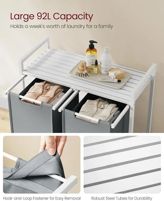 FurnStar - Wasmand - Wasmand met 2 compartimenten - Uittrekbare en verwijderbare waszakken - Wassorteerder - Plank - Metalen frame - 2 x 46L - 73 x 33 x 72 cm - Wit en lichtgrijs