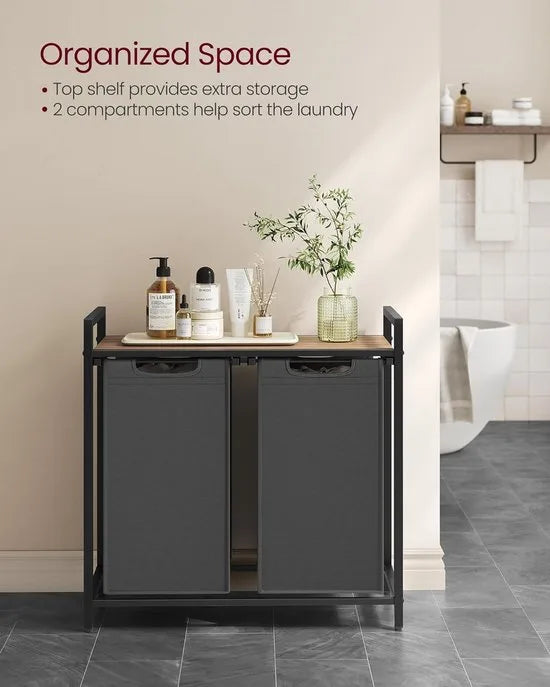 FurnStar - Wasmand - Wasmand met 2 compartimenten - Uittrekbare en verwijderbare waszakken - Wassorteerder - Plank - Metalen frame - 2 x 46L - 73 x 33 x 72 cm - Rustiek bruin en grijs