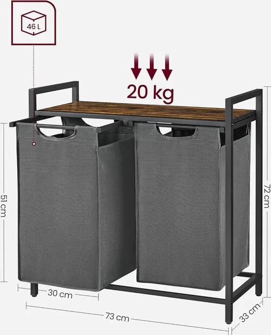 FurnStar - Wasmand - Wasmand met 2 compartimenten - Uittrekbare en verwijderbare waszakken - Wassorteerder - Plank - Metalen frame - 2 x 46L - 73 x 33 x 72 cm - Rustiek bruin en grijs