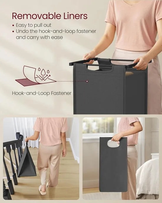 FurnStar - Wasmand - Wasmand met 2 compartimenten - Uittrekbare en verwijderbare waszakken - Wassorteerder - Plank - Metalen frame - 2 x 46L - 73 x 33 x 72 cm - Rustiek bruin en grijs