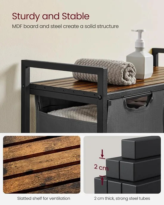 FurnStar - Wasmand - Wasmand met 2 compartimenten - Uittrekbare en verwijderbare waszakken - Wassorteerder - Plank - Metalen frame - 2 x 46L - 73 x 33 x 72 cm - Rustiek bruin en grijs