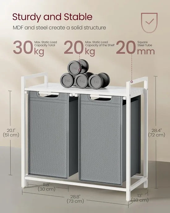 FurnStar - Wasmand - Wasmand met 2 compartimenten - Uittrekbare en verwijderbare waszakken - Wassorteerder - Plank - Metalen frame - 2 x 46L - 73 x 33 x 72 cm - Wit en lichtgrijs