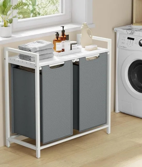 FurnStar - Wasmand - Wasmand met 2 compartimenten - Uittrekbare en verwijderbare waszakken - Wassorteerder - Plank - Metalen frame - 2 x 46L - 73 x 33 x 72 cm - Wit en lichtgrijs