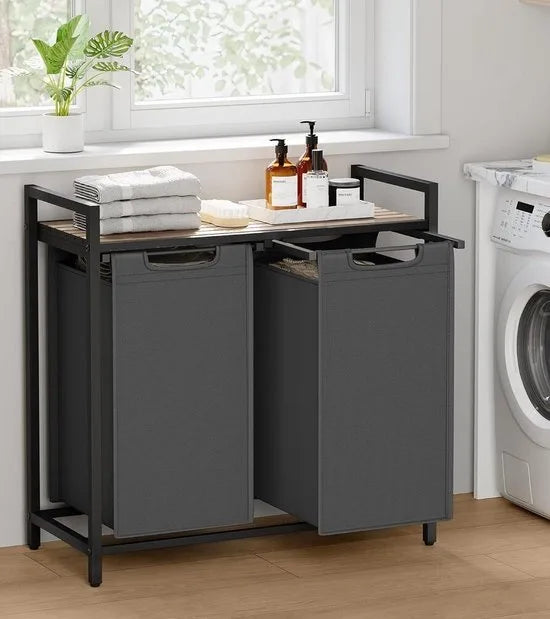 FurnStar - Wasmand - Wasmand met 2 compartimenten - Uittrekbare en verwijderbare waszakken - Wassorteerder - Plank - Metalen frame - 2 x 46L - 73 x 33 x 72 cm - Rustiek bruin en grijs