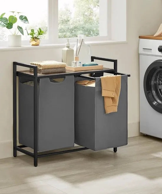 FurnStar - Wasmand - Wasmand met 2 compartimenten - Uittrekbare en verwijderbare waszakken - Wassorteerder - Plank - Metalen frame - 2 x 46L - 73 x 33 x 72 cm - Rustiek bruin en grijs