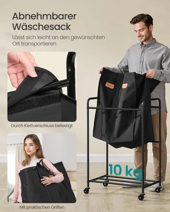 Furnstar Wasmand - Wasmand met wieltjes - 2 vakken - 140L wassorteerder - Beweegbare waswagen - Met 5 etiketten - Voor bijkeuken slaapkamer badkamer - Inktzwart