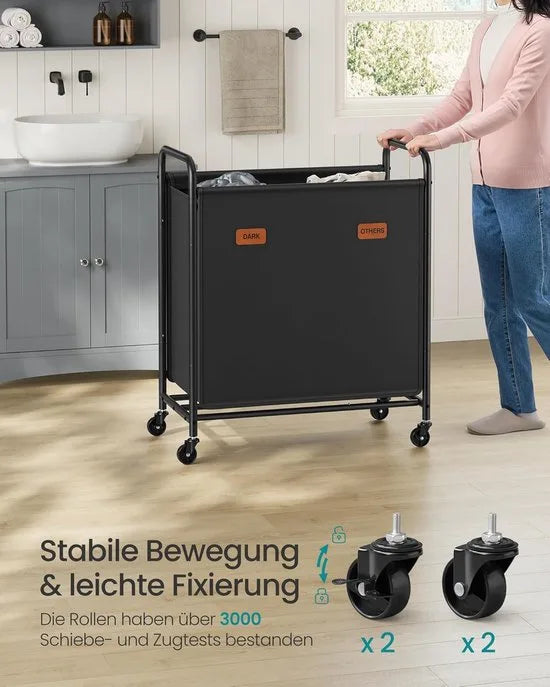 Furnstar Wasmand - Wasmand met wieltjes - 2 vakken - 140L wassorteerder - Beweegbare waswagen - Met 5 etiketten - Voor bijkeuken slaapkamer badkamer - Inktzwart
