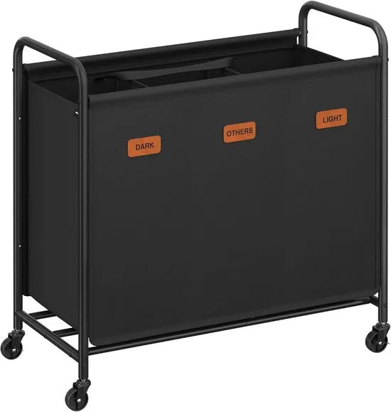 Furnstar Wasmand - Wasmand met wieltjes - 3 vakken - 170L wassorteerder - Beweegbare waswagen - Met 5 etiketten - Voor bijkeuken slaapkamer badkamer - Inktzwart
