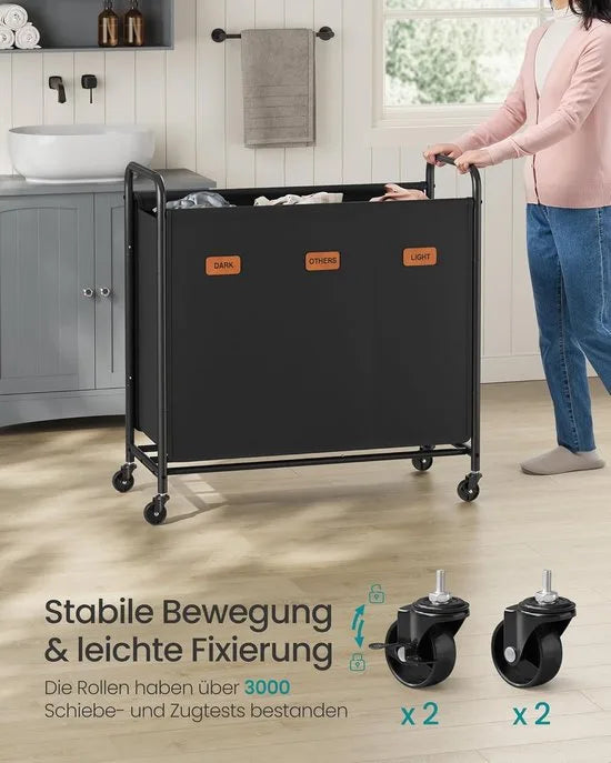 Furnstar Wasmand - Wasmand met wieltjes - 3 vakken - 170L wassorteerder - Beweegbare waswagen - Met 5 etiketten - Voor bijkeuken slaapkamer badkamer - Inktzwart