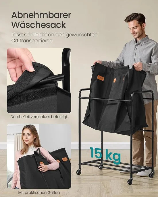 Furnstar Wasmand - Wasmand met wieltjes - 3 vakken - 170L wassorteerder - Beweegbare waswagen - Met 5 etiketten - Voor bijkeuken slaapkamer badkamer - Inktzwart