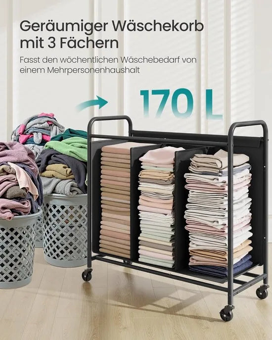 Furnstar Wasmand - Wasmand met wieltjes - 3 vakken - 170L wassorteerder - Beweegbare waswagen - Met 5 etiketten - Voor bijkeuken slaapkamer badkamer - Inktzwart