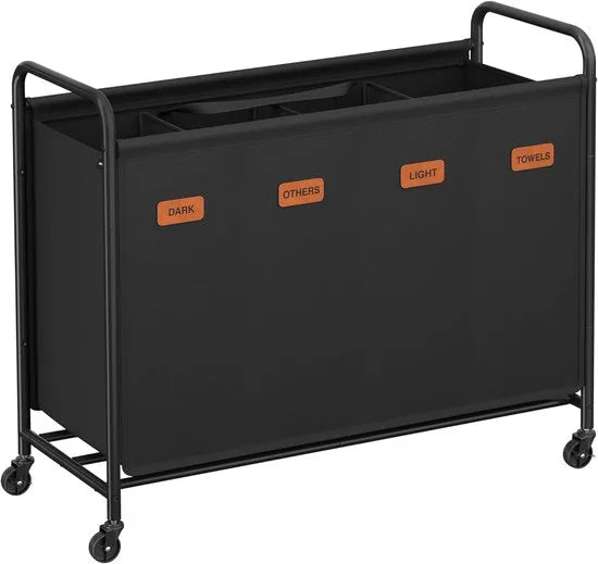 Furnstar Wasmand - Wasmand met wieltjes - 4 vakken - 200L wassorteerder - Beweegbare waswagen - Met 5 etiketten - Voor bijkeuken slaapkamer badkamer - Inktzwart