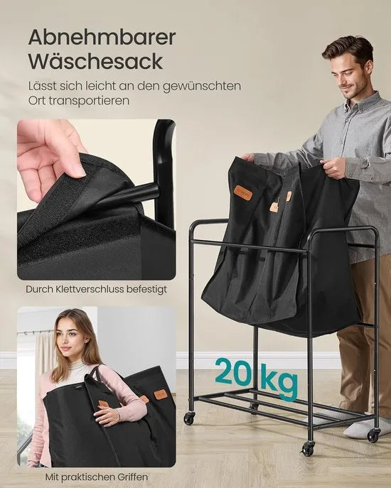 Furnstar Wasmand - Wasmand met wieltjes - 4 vakken - 200L wassorteerder - Beweegbare waswagen - Met 5 etiketten - Voor bijkeuken slaapkamer badkamer - Inktzwart