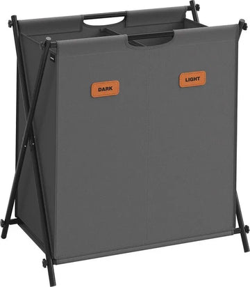 FurnStar - Wasmand - wasverzamelaar - 115 liter - wasbox - 2 vakken - inklapbaar X-frame - individuele etiketten - voor bijkeuken - slaapkamer - badkamer - 60 x 40 x 66 cm - leigrijs
