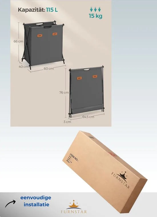 FurnStar - Wasmand - wasverzamelaar - 115 liter - wasbox - 2 vakken - inklapbaar X-frame - individuele etiketten - voor bijkeuken - slaapkamer - badkamer - 60 x 40 x 66 cm - leigrijs