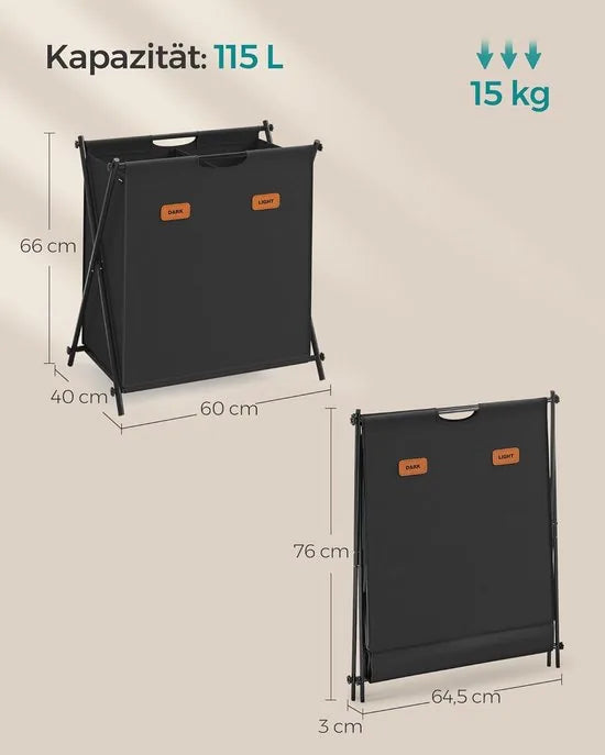 FurnStar - Wasmand - wasverzamelaar - 115 liter - wasbox - 2 vakken - inklapbaar X-frame - individuele etiketten - voor bijkeuken - slaapkamer - badkamer - 60 x 40 x 66 cm - leigrijs – Inktzwart