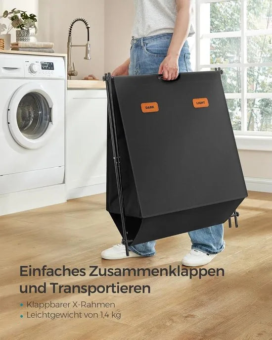 FurnStar - Wasmand - wasverzamelaar - 115 liter - wasbox - 2 vakken - inklapbaar X-frame - individuele etiketten - voor bijkeuken - slaapkamer - badkamer - 60 x 40 x 66 cm - leigrijs – Inktzwart
