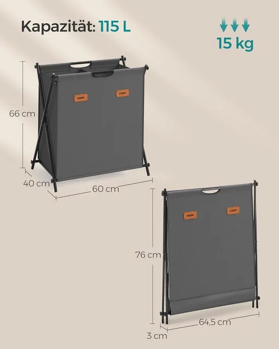 FurnStar - Wasmand - wasverzamelaar - 115 liter - wasbox - 2 vakken - inklapbaar X-frame - individuele etiketten - voor bijkeuken - slaapkamer - badkamer - 60 x 40 x 66 cm - leigrijs