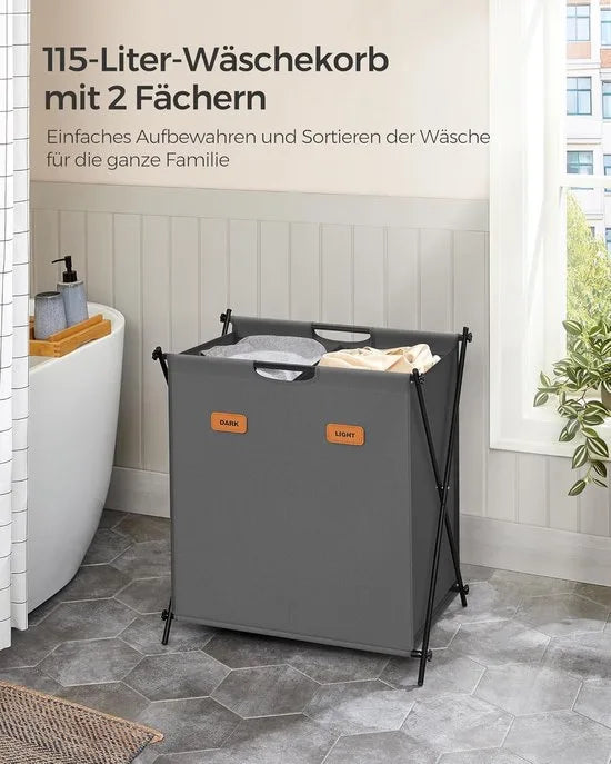 FurnStar - Wasmand - wasverzamelaar - 115 liter - wasbox - 2 vakken - inklapbaar X-frame - individuele etiketten - voor bijkeuken - slaapkamer - badkamer - 60 x 40 x 66 cm - leigrijs