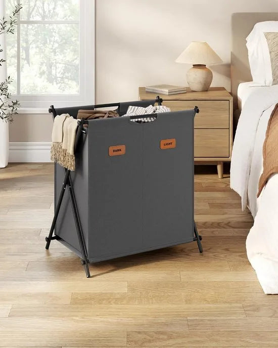 FurnStar - Wasmand - wasverzamelaar - 115 liter - wasbox - 2 vakken - inklapbaar X-frame - individuele etiketten - voor bijkeuken - slaapkamer - badkamer - 60 x 40 x 66 cm - leigrijs