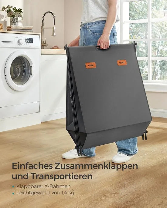 FurnStar - Wasmand - wasverzamelaar - 115 liter - wasbox - 2 vakken - inklapbaar X-frame - individuele etiketten - voor bijkeuken - slaapkamer - badkamer - 60 x 40 x 66 cm - leigrijs