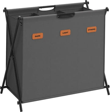 FurnStar - Wasmand - wasverzamelaar - 135 liter - wasbox - 3 vakken - inklapbaar X-frame - individuele etiketten - voor bijkeuken - slaapkamer - badkamer - 70 x 40 x 66 cm - grijs