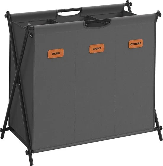 FurnStar - Wasmand - wasverzamelaar - 135 liter - wasbox - 3 vakken - inklapbaar X-frame - individuele etiketten - voor bijkeuken - slaapkamer - badkamer - 70 x 40 x 66 cm - grijs