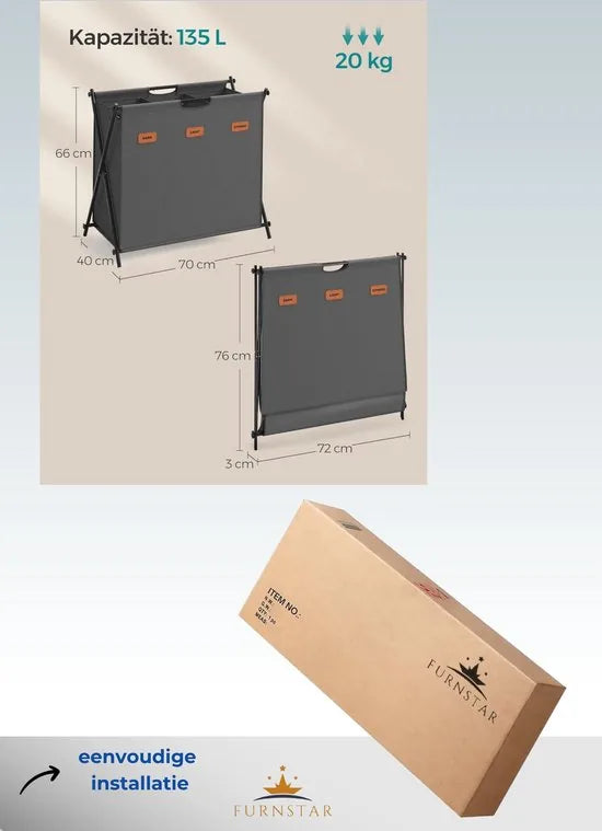 FurnStar - Wasmand - wasverzamelaar - 135 liter - wasbox - 3 vakken - inklapbaar X-frame - individuele etiketten - voor bijkeuken - slaapkamer - badkamer - 70 x 40 x 66 cm - grijs