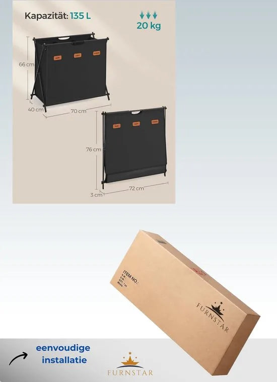 FurnStar - Wasmand - wasverzamelaar - 135 liter - wasbox - 3 vakken - inklapbaar X-frame - individuele etiketten - voor bijkeuken - slaapkamer - badkamer - 70 x 40 x 66 cm - grijs – Inktzwart