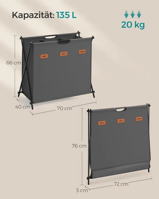 FurnStar - Wasmand - wasverzamelaar - 135 liter - wasbox - 3 vakken - inklapbaar X-frame - individuele etiketten - voor bijkeuken - slaapkamer - badkamer - 70 x 40 x 66 cm - grijs